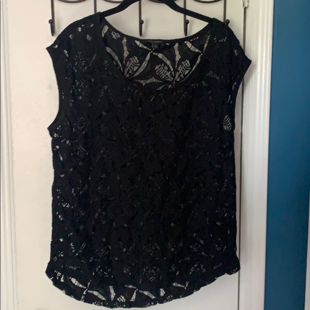 Black lace cap sleeved sheer blouse